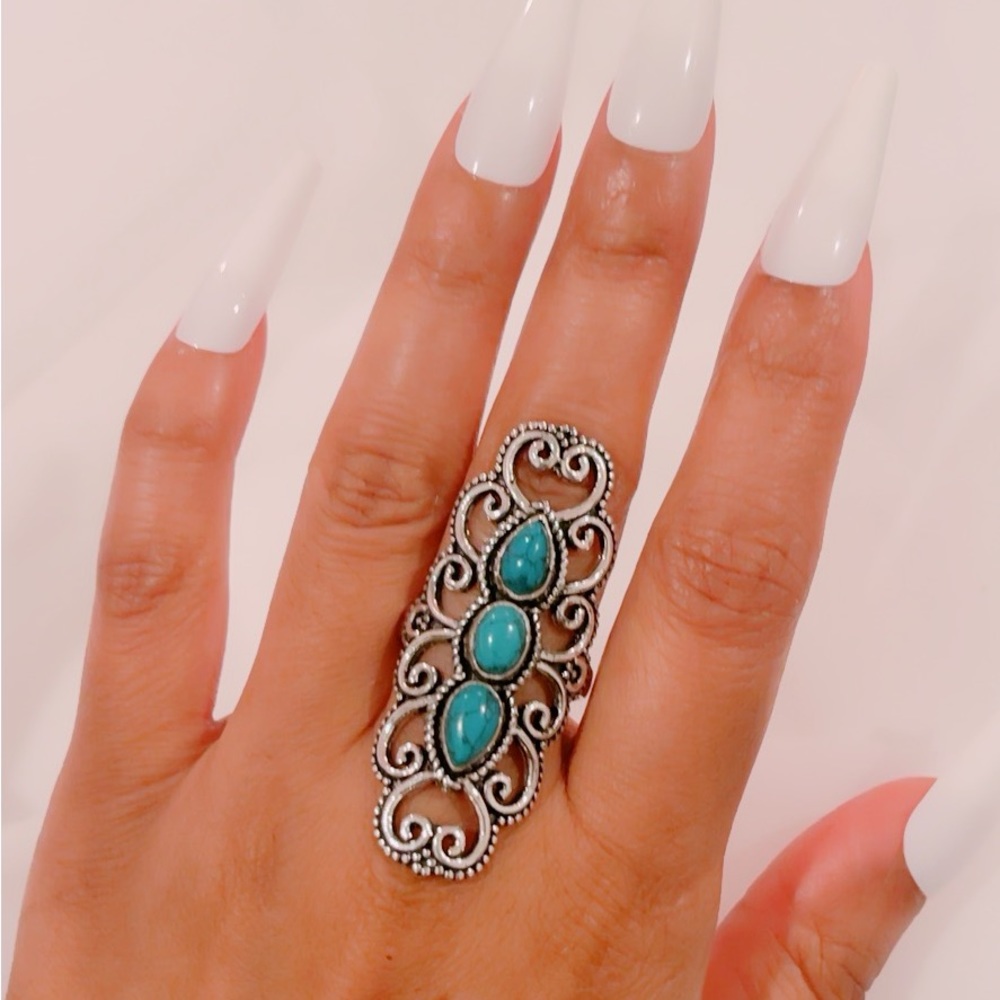 Natural Turquoise 925 Sterling Silver Vintage Setting Statement Ring - Picture 5 of 5